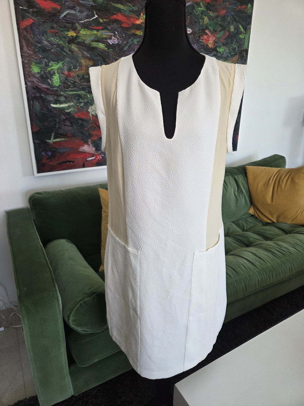 Rebecca Taylor Ivory White Textured Shift Dress with Cream Silk Panels, Size 8